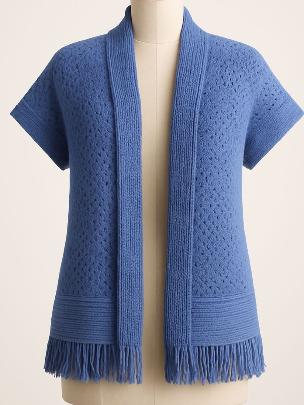 Dusty Blue Open-Front 3x Crochet Fringe Cardigan